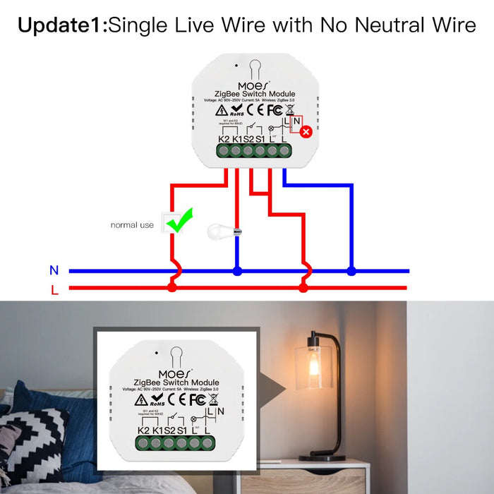 GERMA 2MQTT ZigBee RF433 Smart Light Switch No Neutral Wire Single Fire Tuya Smart Life App Control Works with Alexa Google Home