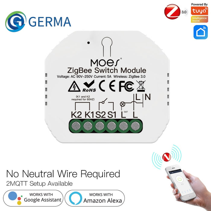 GERMA 2MQTT ZigBee RF433 Smart Light Switch No Neutral Wire Single Fire Tuya Smart Life App Control Works with Alexa Google Home