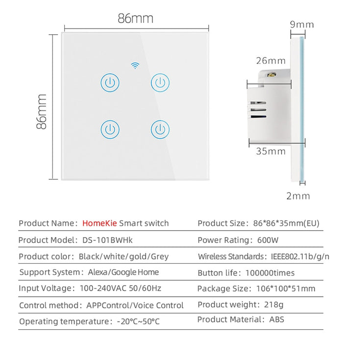 GERMA Apple Homekit WiFi EU Standard Smart Switch Neutral Needed Smart Home Light Switches 1/2/3 Gang 1 Way Siri voice control