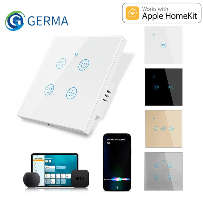 GERMA Apple Homekit WiFi EU Standard Smart Switch Neutral Needed Smart Home Light Switches 1/2/3 Gang 1 Way Siri voice control