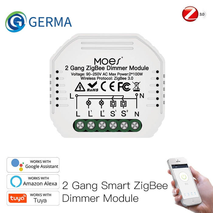 GERMA Mini DIY Tuya ZigBee Smart 2 gang Light Dimmer Switch Module Hub Required Smart Life App Alexa Google Home Voice Control